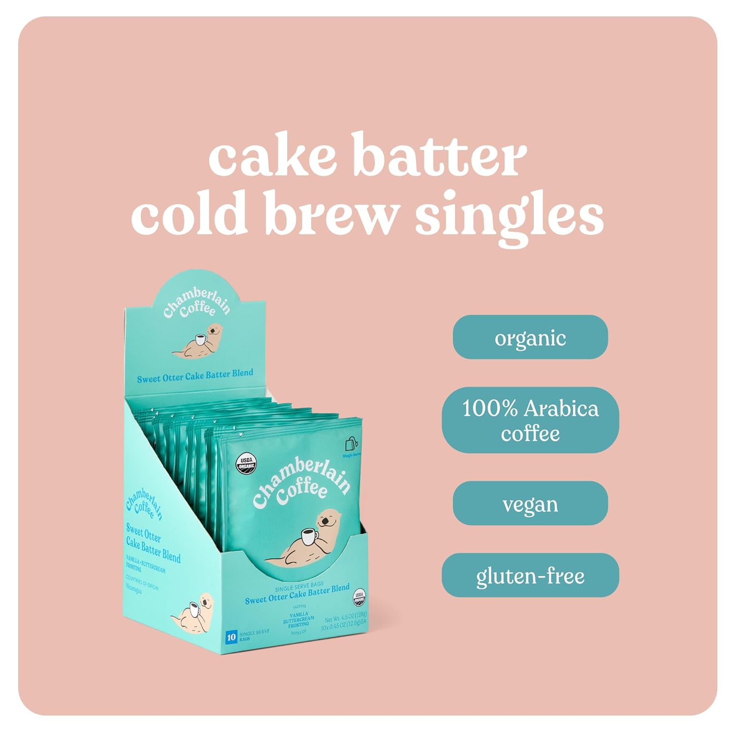 Chamberlain Coffee Sweet Otter Cake Batter Cold Brew Singles - Cold Brew Coffee Bags With Notes Of Vanilla & Frosting - 10 Single Serve Cold Brew Sachets