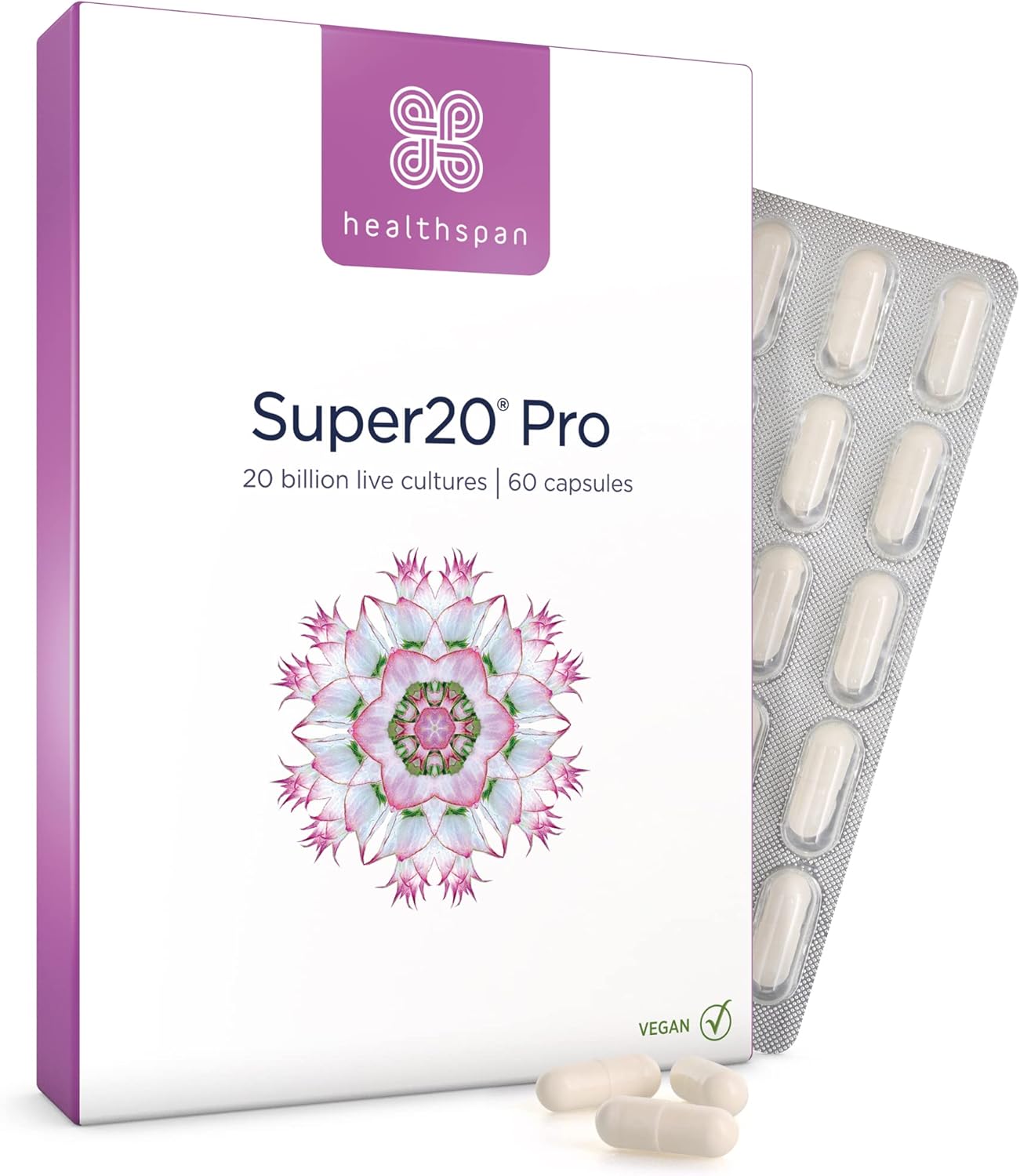Healthspan Super20 Pro Supports A Healthy Gut (60 Capsuels) | Probiotic With 20 Billion Live Friendly Bacteria | From Five Of The Best Strains | Promotes Friendly Bacteria In Your Gut | Vegan