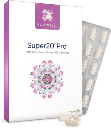 Healthspan Super20 Pro Supports a healthy gut (60 Capsuels) | Probiotic with 20 billion live friendly bacteria | from five of The best strains | Promotes friendly bacteria in your gut | Vegan