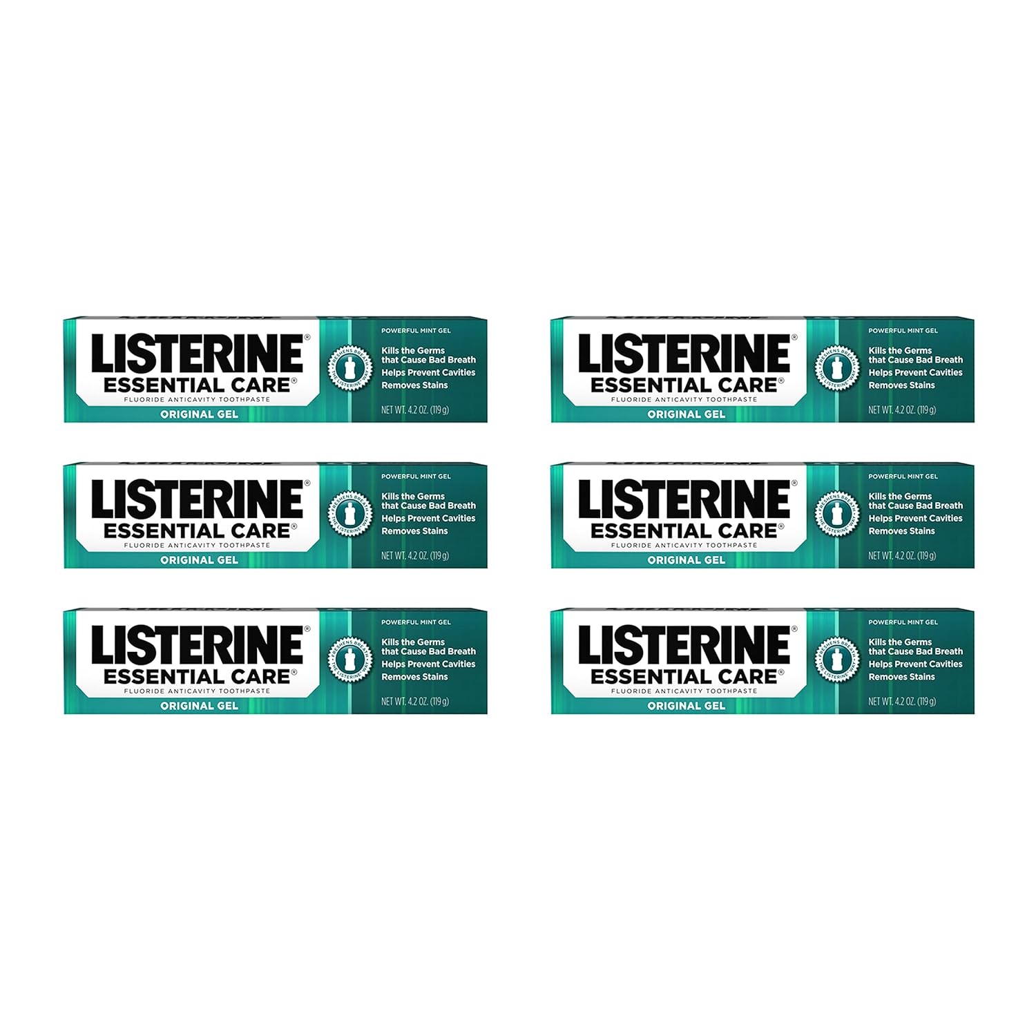 Listerine Essential Care Toothpaste, Bad Breath Treatment, Cavity Prevention, Fluoride Toothpaste; Powerful Mint Flavor, 4.2 Oz (Pack Of 6)