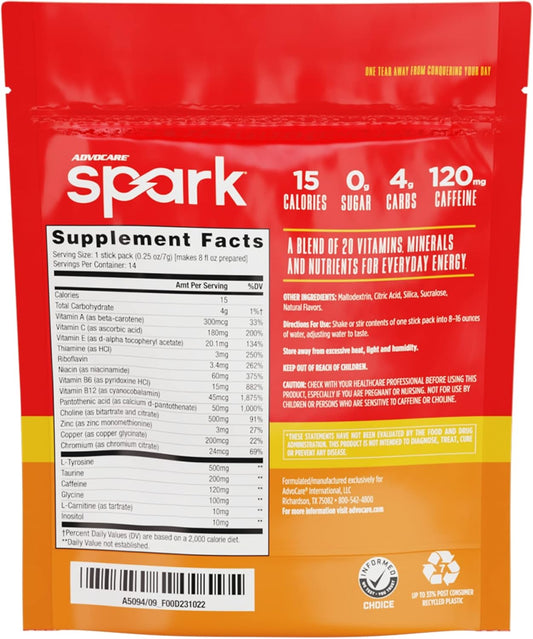 Advocare Spark Vitamin & Amino Acid Supplement - Focus & Energy Drink Powder Mix With Vitamin A, B-6, C & E - Also Includes L-Carnitine & L-Tyrosine - Mandarin Orange, 14 Stick Packs