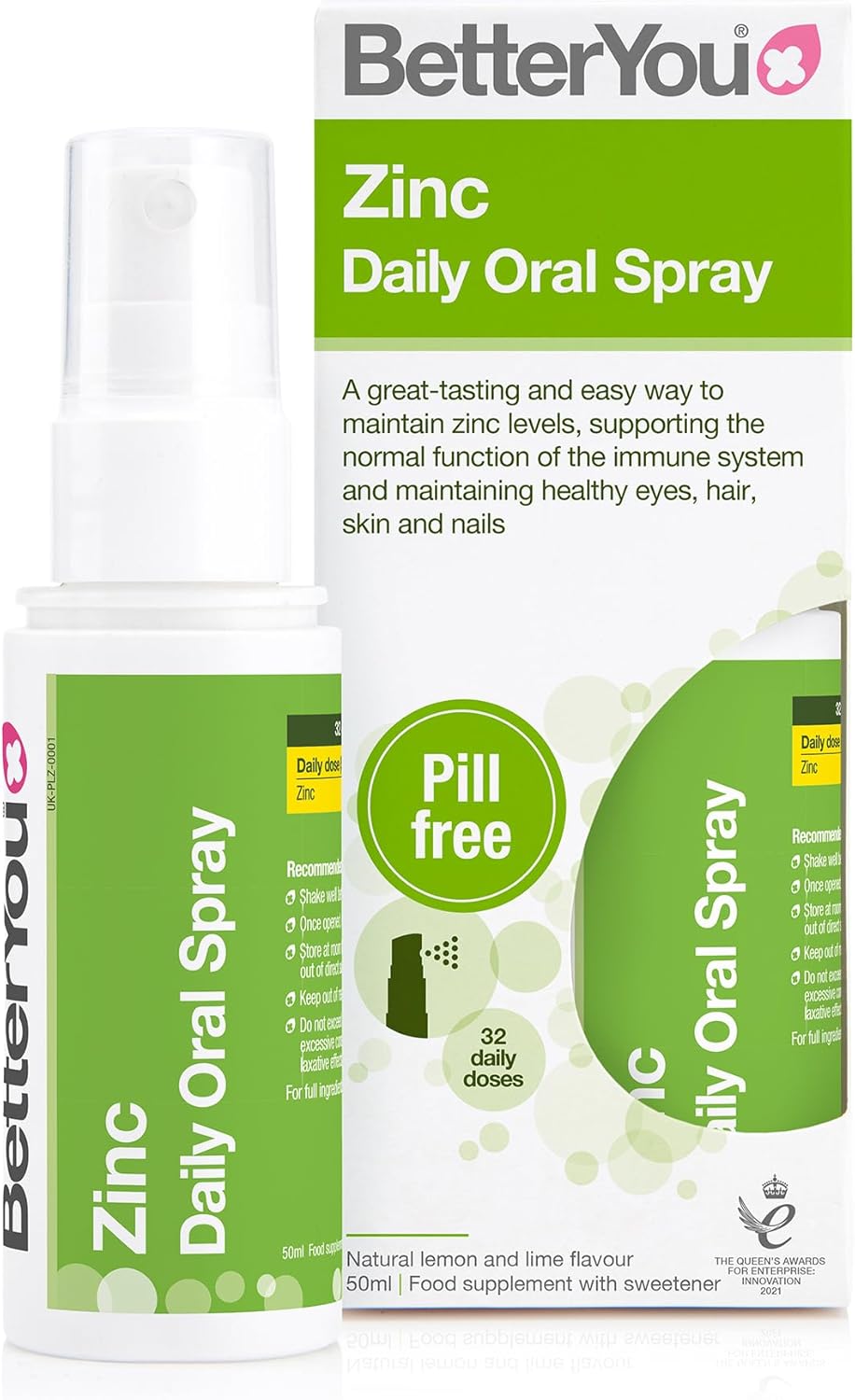 Betteryou Zinc Oral Spray Supplement, Fast Acting Zinc Bisglycinate Chelate Supplement For Immune System Support, 1-Month Supply, Made In The Uk, Natural Lemon And Lime Flavour