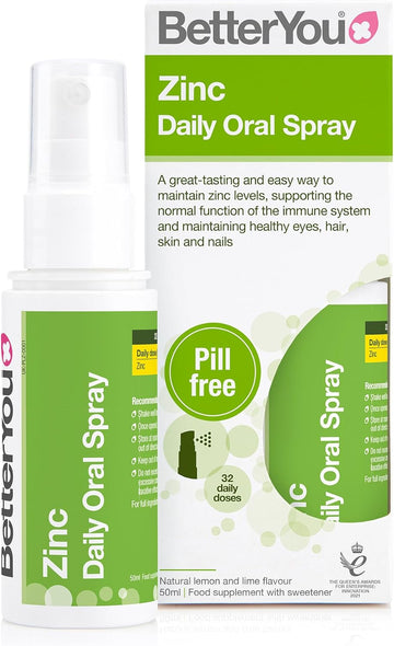 Betteryou Zinc Oral Spray Supplement, Fast Acting Zinc Bisglycinate Chelate Supplement For Immune System Support, 1-Month Supply, Made In The Uk, Natural Lemon And Lime Flavour