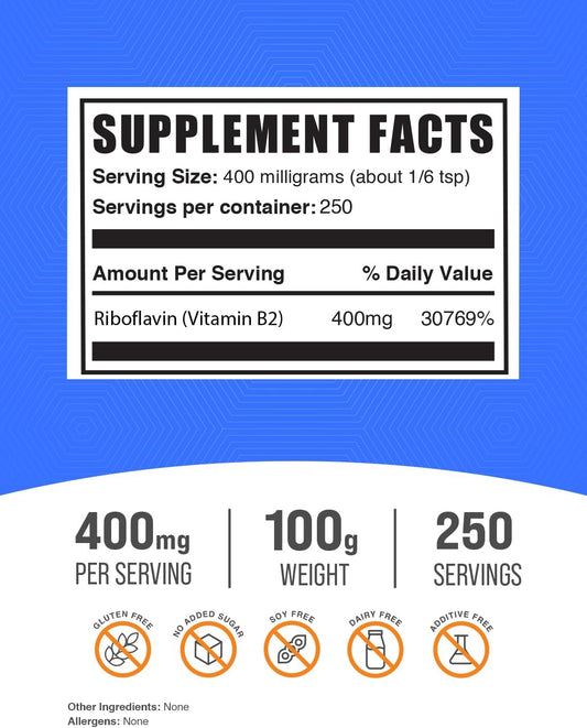 BulkSupplements.com Riboflavin Powder - as Vitamin B2, Vitamin B2 Supplement - Riboflavin 400mg, B Vitamins for Wellness, Gluten Free, 400mg per Serving, 100g (3.5 oz) (Pack of 1)