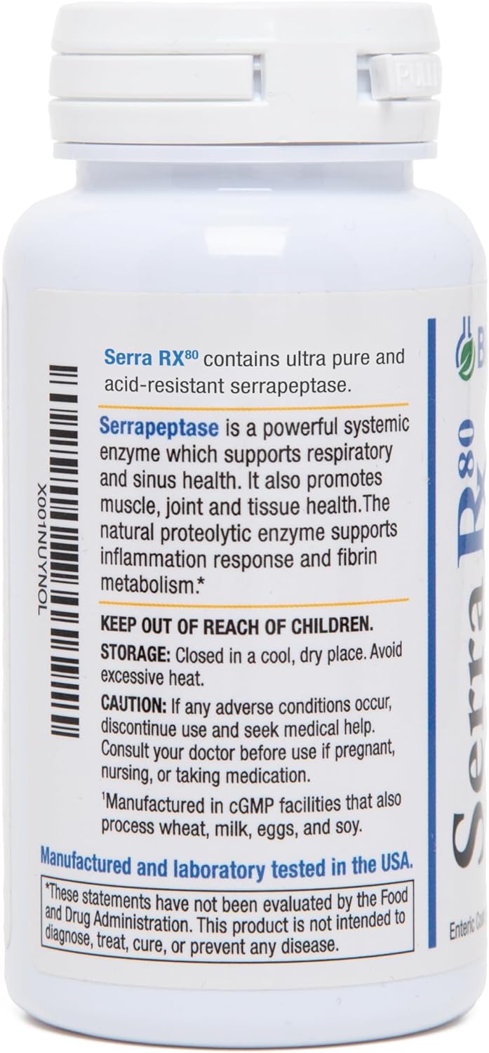 Serra-RX 80,000 SPU Serrapeptase - Acid-Resistant Proteolytic Systemic Enzyme, Non-GMO, Gluten Free, Vegan, Supports Sinus & Lung Health, 90 Veg Capsules : Health & Household