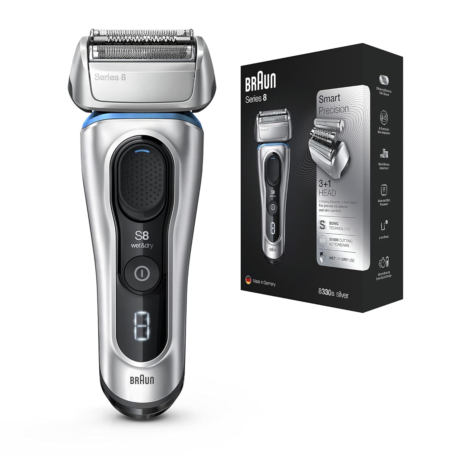 Braun Series 8 8330S Next Generation, Electric Shaver For Men, Rechargeable And Cordless Razor, Silver, Fabric Travel Case, Wet And Dry, Foil Shaver