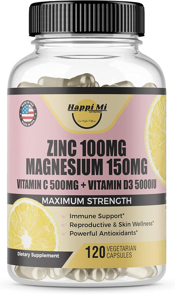 Zinc, Zinc 100Mg, Magnesium Glycinate 150Mg, Vitamin D3 5000 Iu, Vitamin C 500Mg Per Serving, Immune Support, Immune Booster, Zinc Magnesium, Elemental Zinc, Antioxidant Support