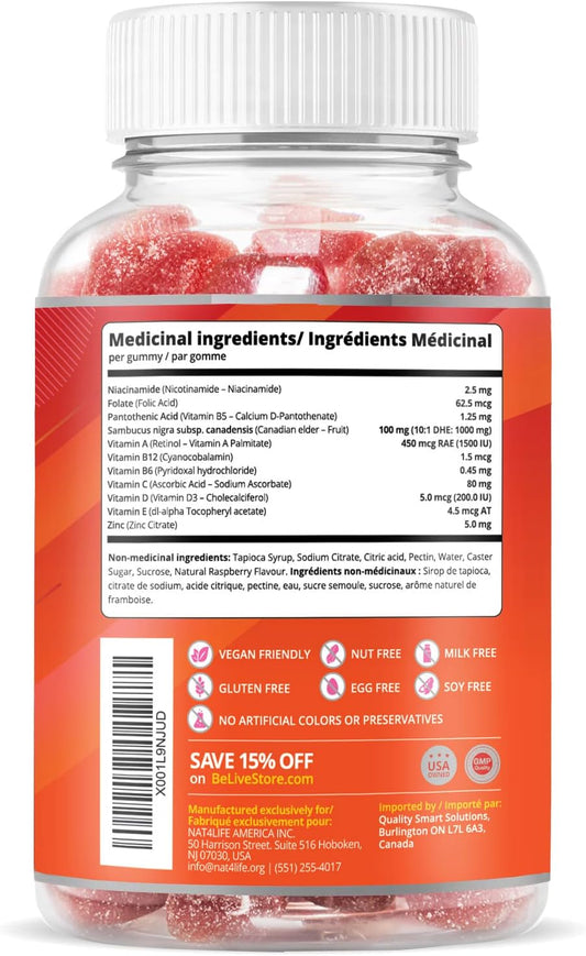 BeLive Elderberry Gummies with Vitamin C, Propolis, Echinacea. Max Strength 200MG - Sambucus Black Elder Immune Support Vitamins Supplement Made for Adults & Kids | Raspberry Flavored. 50 Count