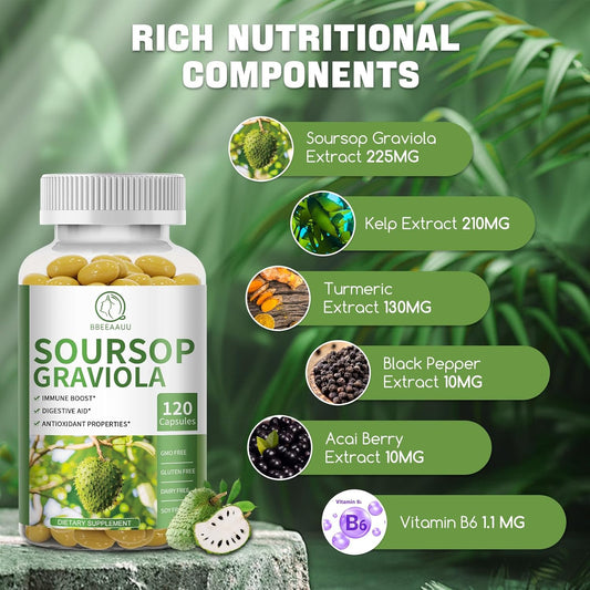 Soursop Graviola Capsules With Kelp, For Cell Regeneration, Enhances Immunity, Digestive Support, Antioxidant Properties, Gluten Free, Non Gmo, Vegan, 120 Counts
