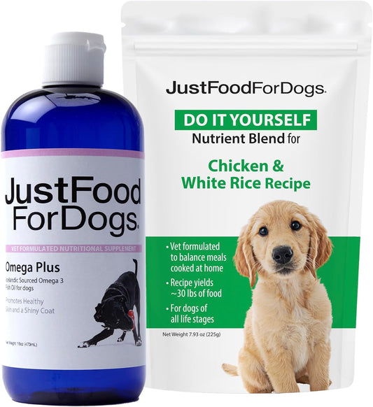 JustFoodForDogsDIY Human Quality Dog Food, Nutrient Blend Base Mix for Dogs - Chicken and White Rice Recipe (225 Grams) & Omega Plus Fish Oil for Dogs - Omega 3 Liquid Supplement for Pets - 16 oz : Pet Supplies