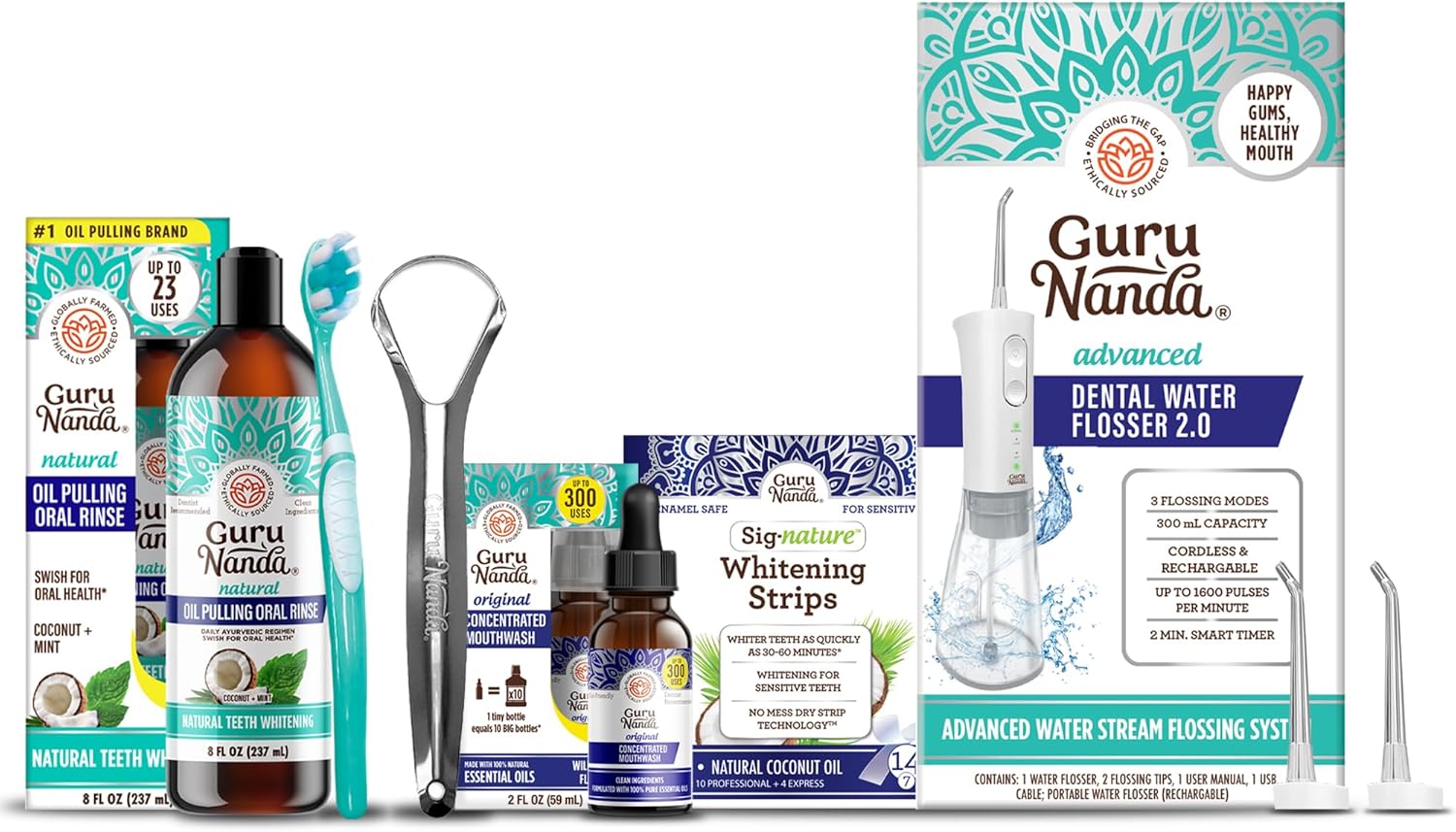 Gurunanda Oral Care Routine - Oil Pulling With Teeth Whitening Strips, Concentrated Mouthwash And Advanced Water Flosser