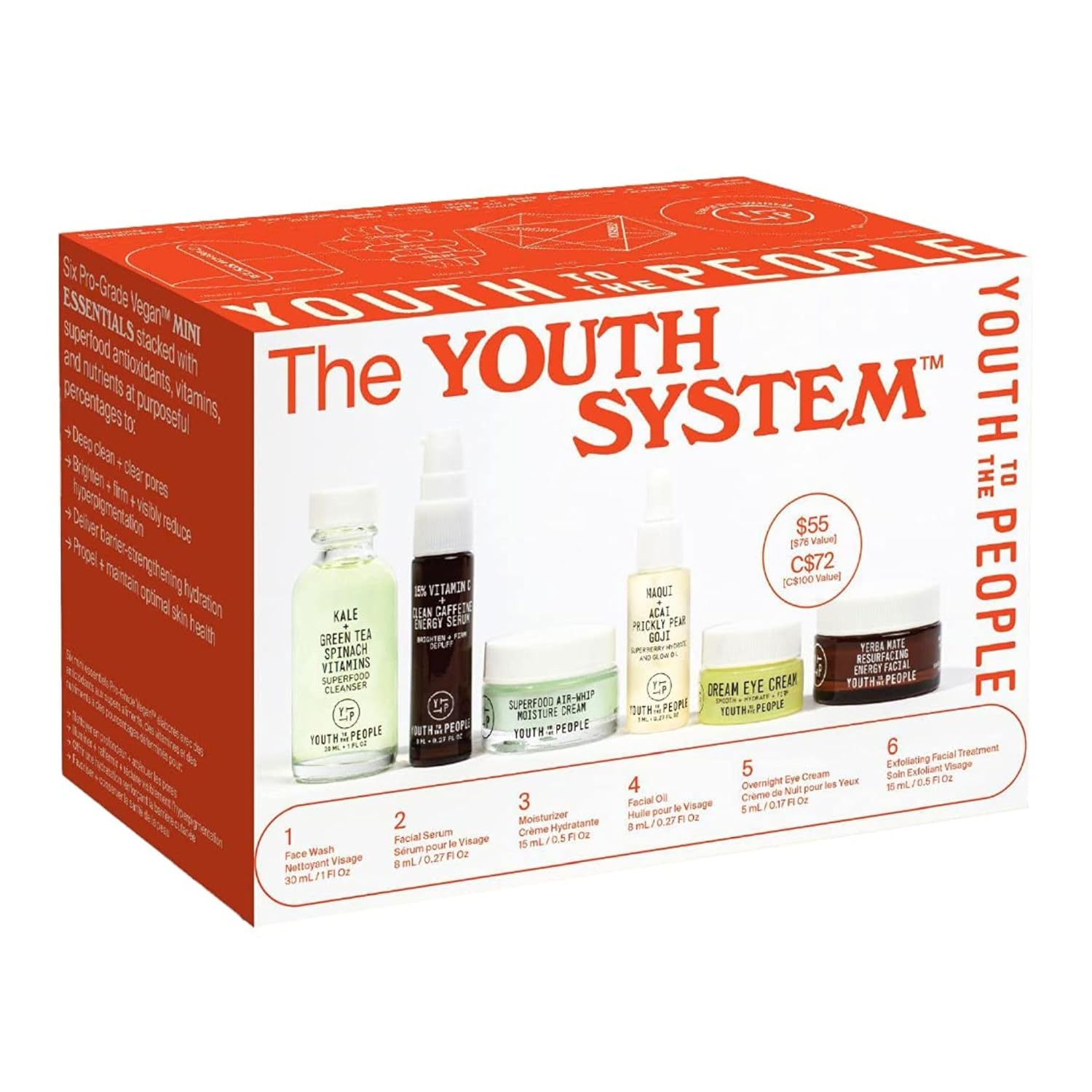 Youth To The People Youth System Set, 6-Pc Superfood Antioxidant Skincare Giftset, Mini Travel Cleanser, Dewy Face Oil, Hydrating Moisturizer, Brightening Serum, Exfoliating Facial Mask, And Eye Cream