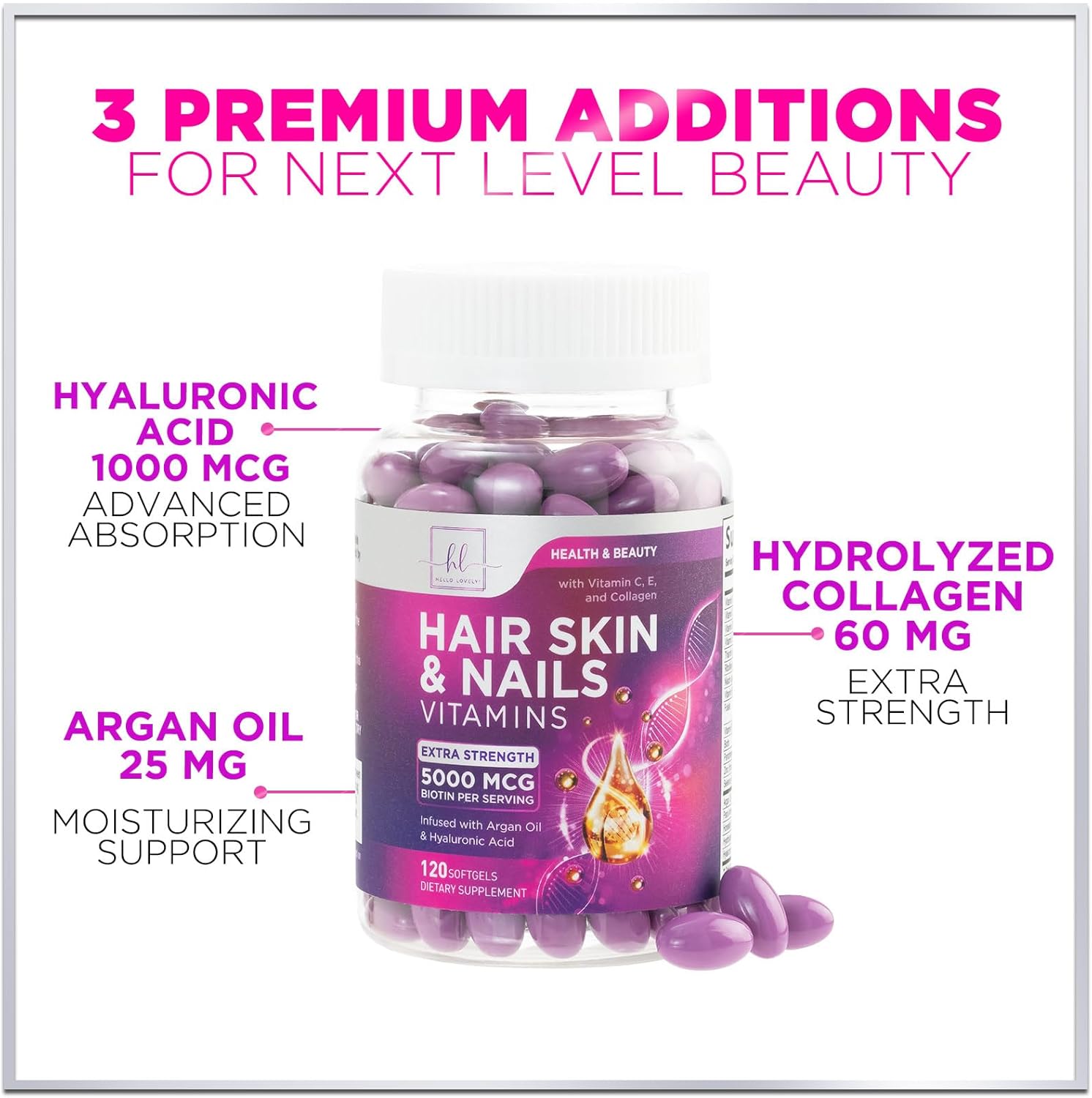 Hair, Skin & Nails Vitamins For Women - Biotin 5000Mcg To Support Hair Growth With Argan Oil, Collagen & Hyaluronic Acid, Beautiful, Stronger Skin, Hair & Nails Vitamin Supplement - 60 Softgels : Health & Household