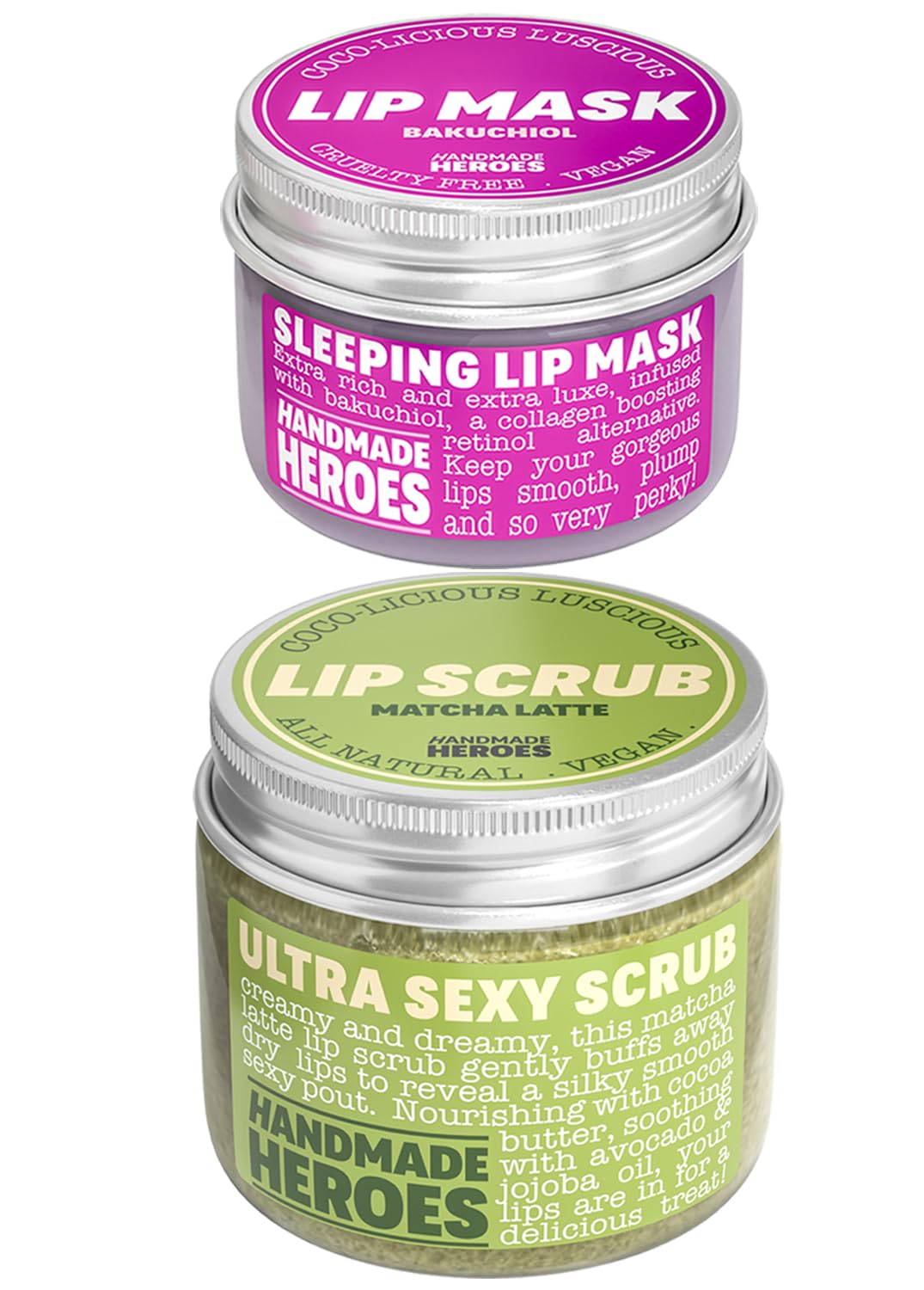 Save 15% - Handmade Heroes Plumping Bakuchiol Lip Mask and Green Tea Lip Scrub Bundle - Clean Sustainable Skincare Lip Exfoliator and Lip Treatment - Matcha Latte & Bakuchiol