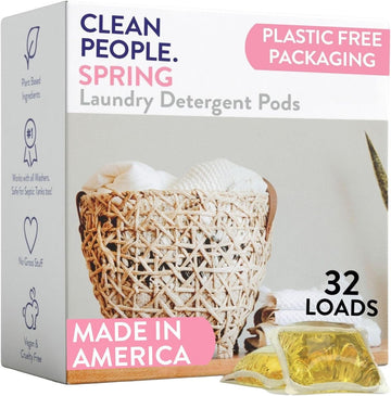 The Clean People Laundry Detergent Pods - Hypoallergenic Laundry Pods - Ultra Concentrated, Recyclable Packaging, Stain Fighting - Spring Scent, 32 Pack