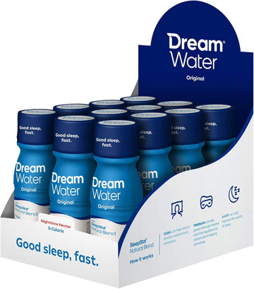 Dream Water Sleep Aid Supplement Drink; Melatonin 5mg, GABA, 5-HTP; Zero Sugar, Natural Flavors, No Added Colors, 2.5 oz Liquid Sleep Shots, Nighttime Nectar, 12-Count