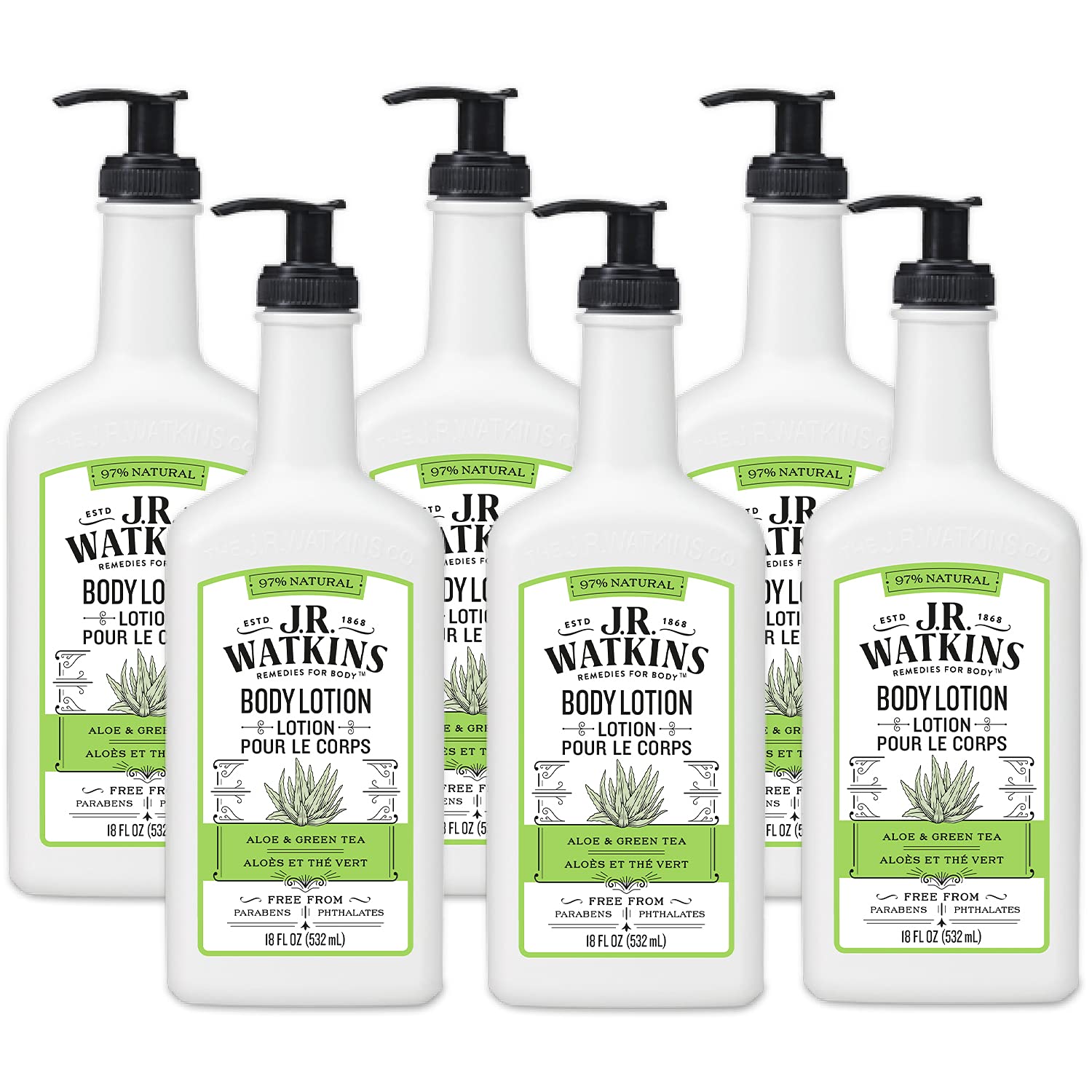 J.R. Watkins Daily Moisturizing Lotion “ Body Cream In Pump Dispenser “ Hydrating Skin Cream Made With Shea Butter, Cocoa Butter, Coconut Oil & Vitamin E, Aloe & Green Tea, 18 Fl Oz, 6 Pack