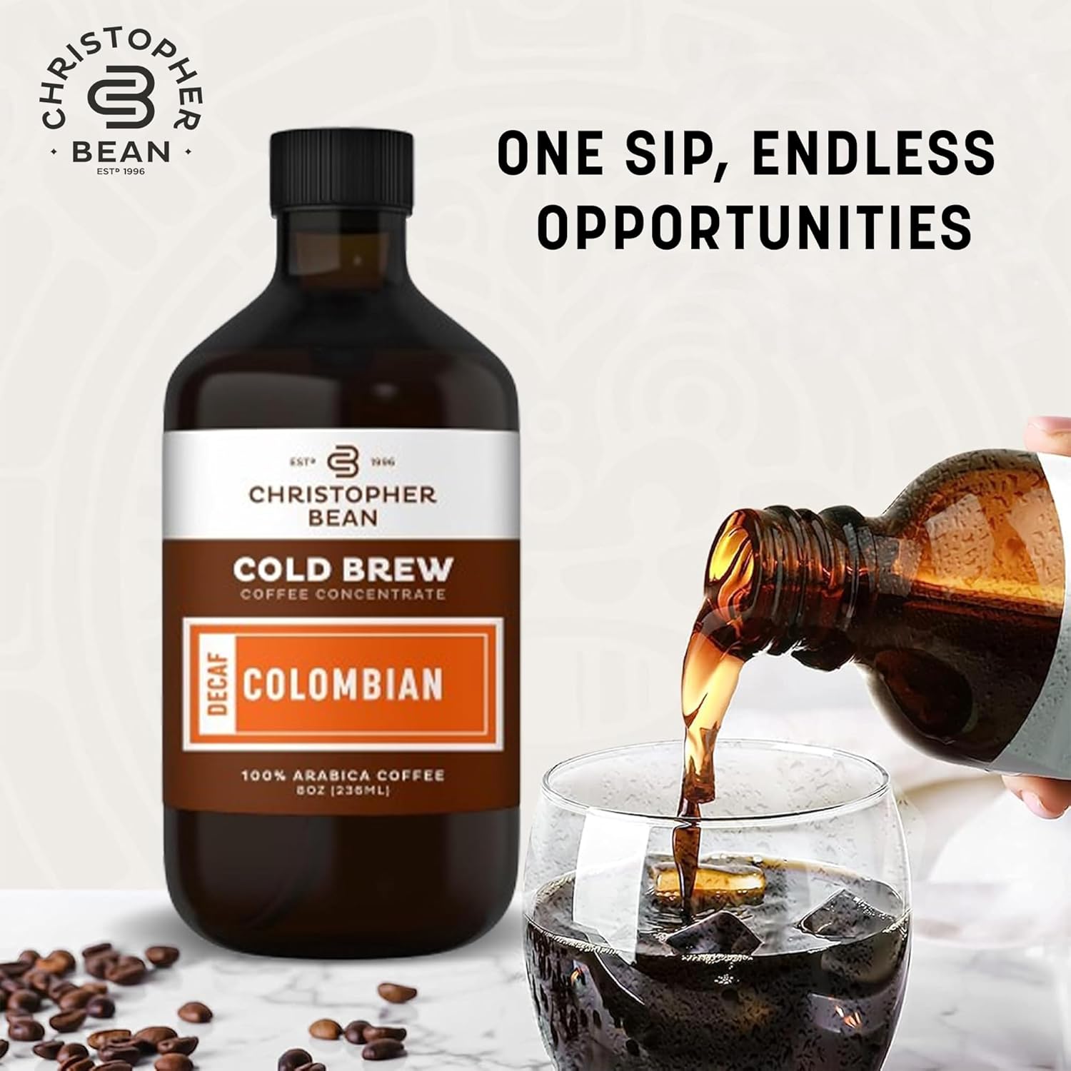 Christopher Bean Hand Crafted Colombian Coffee - Unsweetened Cold Brew & Iced Instant Coffee Distillate Liquid Java - Colombian Coffee Beans Extract 100% Arabica, (8-Ounce), 236 Ml