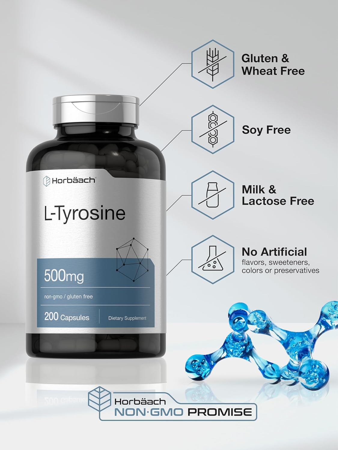 Horbäach L Tyrosine 500mg Capsules | 200 Count | Free Form | Non GMO, Gluten Free Supplement : Health & Household