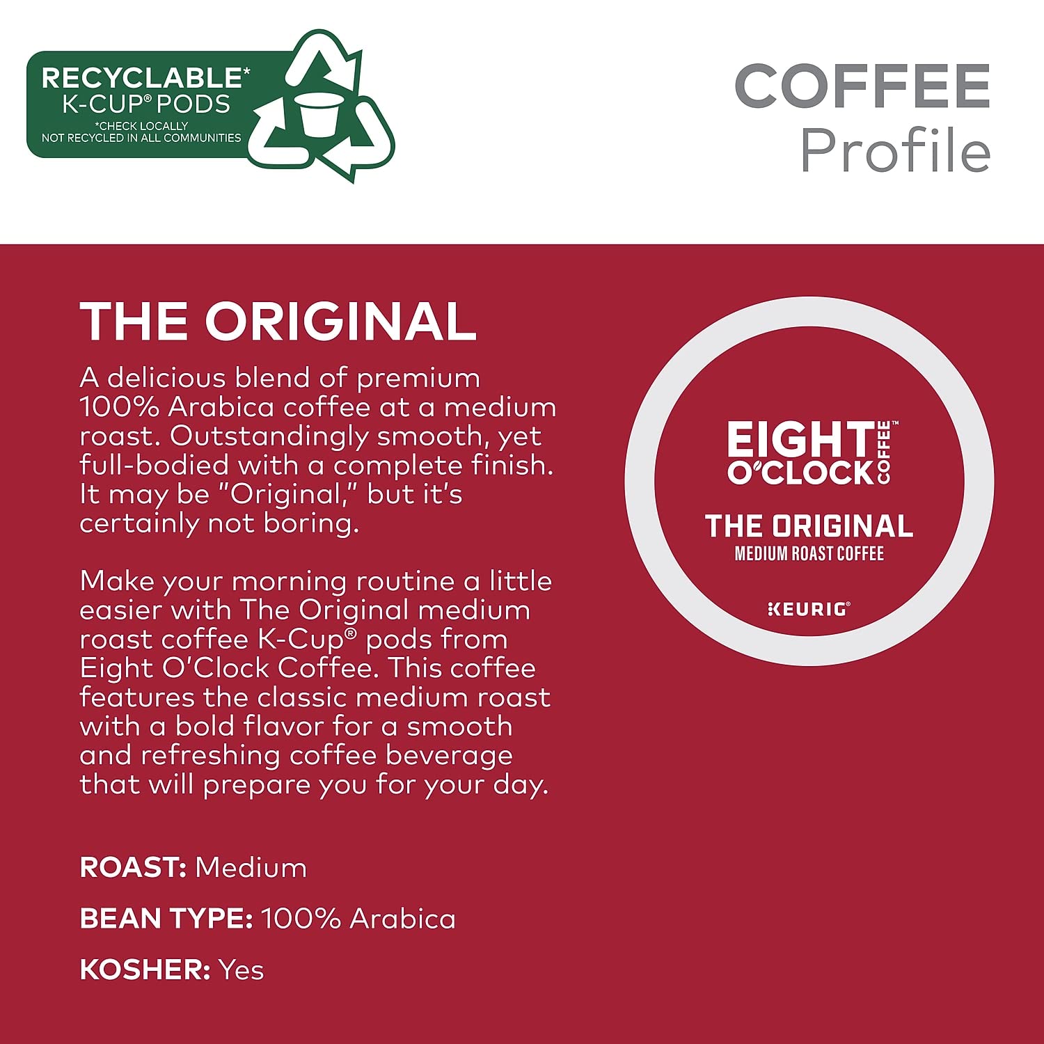 Eight O'Clock Coffee The Original, Single-Serve Keurig K-Cup Pods, Medium Roast Coffee, 24 Count : Grocery & Gourmet Food