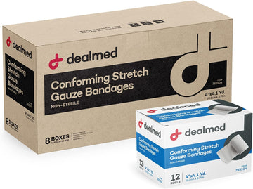 Dealmed 4" Non-Sterile Conforming Stretch Gauze Bandages, 4.1 Yards Latex Free Stretched Dressing Wrap, Medical Non-Adherent Wound Care Mesh Bandages (Case Of 96 Rolls)