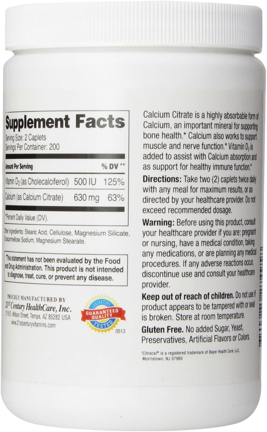 21st Century Calcium Citrate Plus D Maximum Caplets, 400 Count (Pack of 2)