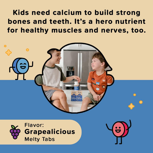 Renzo's Hercules Calcium Supplement with Vitamin D3 & K2 - Dissolving Kids Vitamins - 60 Grape-Flavored Melty Tabs