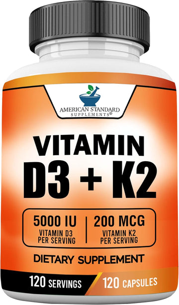 American Standard Supplements Vitamin D3 5000 Iu (125Mcg) Plus Vitamin K2 (Mk7) 200Mcg Per Capsule - Gluten Free, Non-Gmo, 120 Capsules, 120 Servings, 120 Day Supply