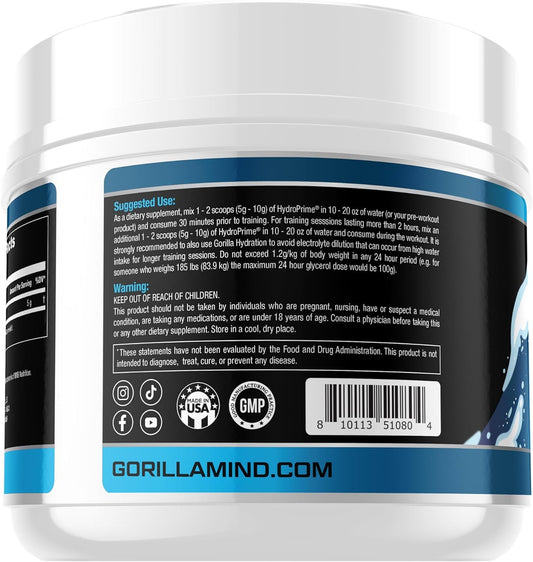 Gorilla Mind Hydroprime? Glycerol Pre-Workout - Hydrating Pre-Workout Formula for Intense Pumps ú Intramuscular Hyper-Hydration ú Increased Power & Endurance/Mixes Flawlessly - 400g