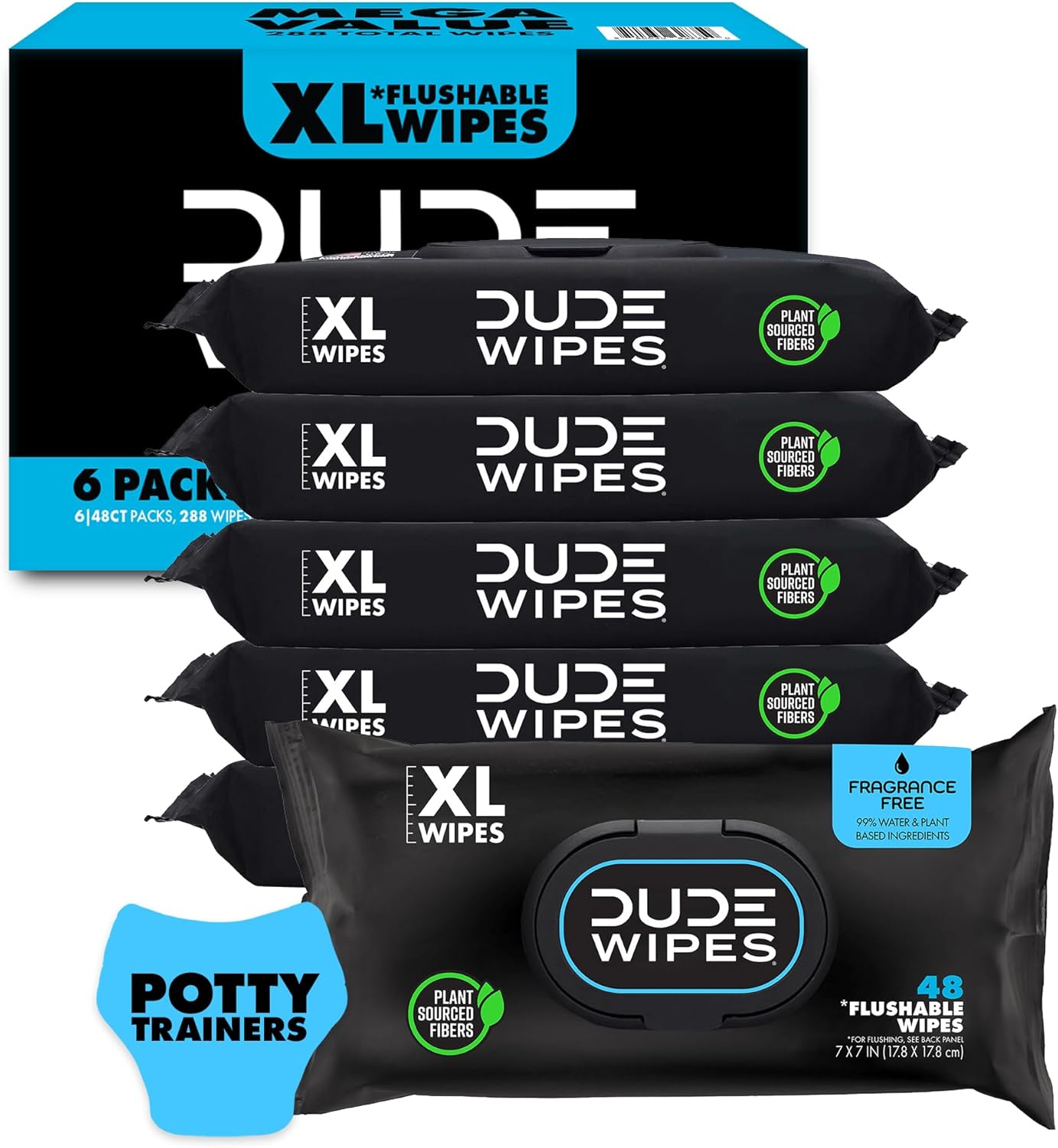 Dude Baby Wipes - Flushable Baby Wipes Unscented - (6 Pack) 288 Wipes - Extra Large Wet Wipes Flushable - Vitamin-E & Aloe - Septic And Sewer Safe