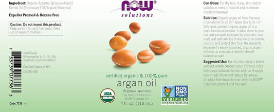 NOW Solutions, Organic Argan Oil, Certified Organic and 100% Pure, "Gold of Morocco" Multi-Purpose Oil, 4-