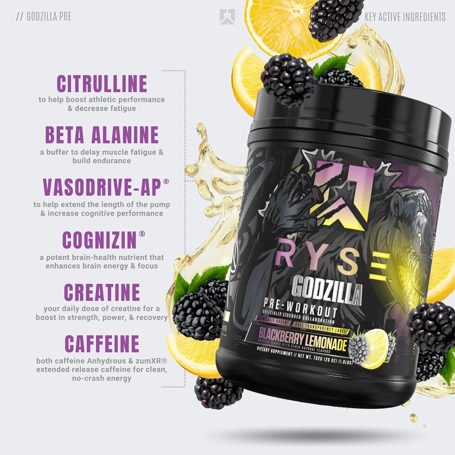RYSE Up Supplements Noel Deyzel x Godzilla Pre Workout | Intense Pumps, Energy, & Focus | Citrulline & Beta Alanine | 400mg Total Caffeine | 40 Servings (BlackBerry Lemonade) : Health & Household