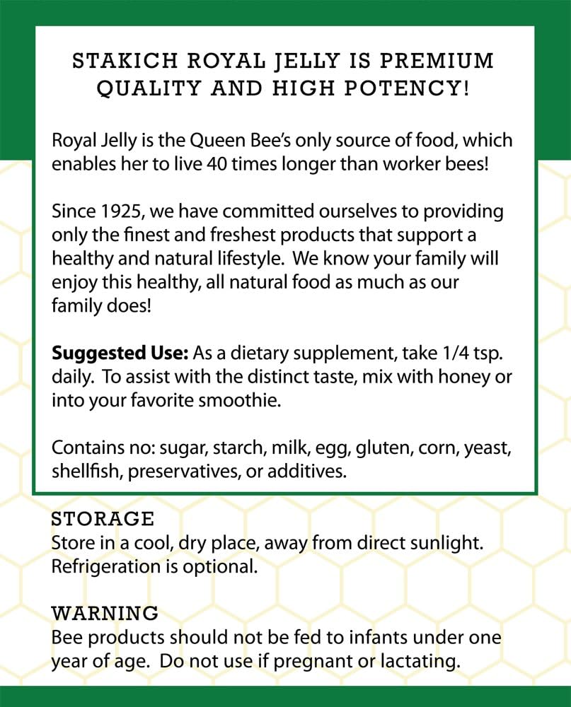Stakich Royal Jelly Powder - 4 Ounce - 3X Concentrate - Freeze Dried, Pure, Natural : Health & Household