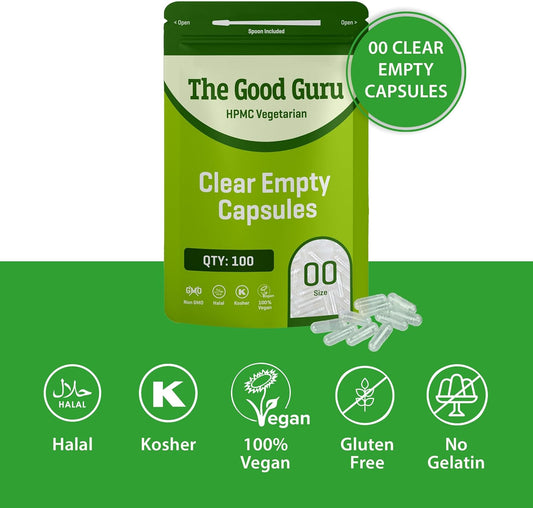The Good Guru Clear Empty Vegetarian Capsules Size 00 | Gluten Free, Non-Gmo, Includes Micro Lab Spoon (100)