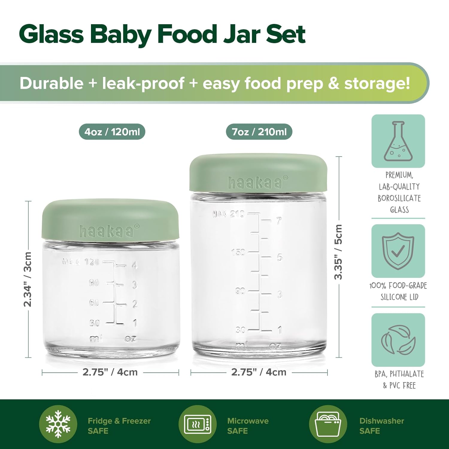 Haakaa Reusable Glass Baby Food Storage Jars with Silicone Lids – 6pc 4 x 4oz + 2 x 7oz, Premium Lab-Quality Borosilicate Glass, Plastic-Free, Freezer, Microwave & Ovensafe. : Baby