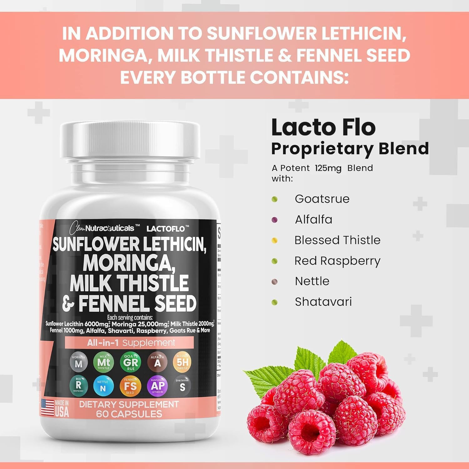 Clean Nutraceuticals Sunflower Lecithin 6000mg Lactation Supplement with Moringa 25000mg Milk Thistle 2000mg Fennel Seed 2000mg Plus Goats Rue, Shatavari, Alfalfa, & Nettle For Breastfeeding USA 60 Ct : Health & Household