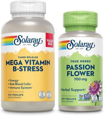 Solaray Mega Vitamin B Stress And Passion Flower Bundle - Timed Release Vitamin B Complex With Vitamin C - Energy, Mood And Immune Support With B6, B12, Plus Soothing Herbal Support, Vegan, 276/100Ct