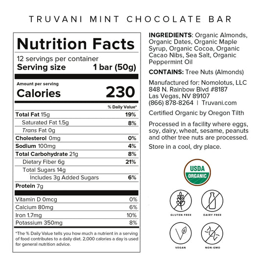 Truvani Plant Based Snack Bars | 7G Protein | 12 Pack Mint Chocolate | Organic | Vegan | The Only Bar | Dairy, Soy, And Gluten Free | Individually Wrapped