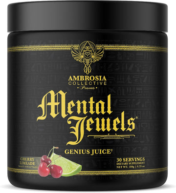Ambrosia Mental Jewels Powder - Cognitive Enhancer | Increase Memory, Communication Skills, Concentration & Focus | Decrease Reaction Time | Alpha Gpc, Choline, Bacognize | 30 Servings| Cherry Limeade