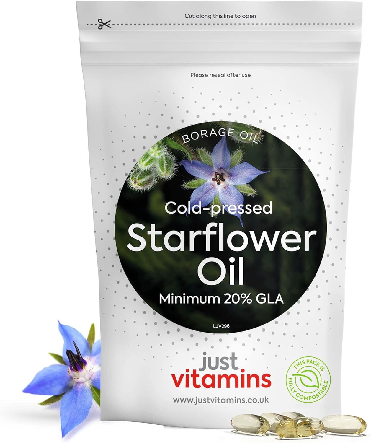 Starflower Oil Capsules 1000Mg/Borage Oil X90 Soft Gels, Cold Pressed High Strength Gla With Vitamin E - 3 Month Supply - X2 The Gla Level Of Evening Primrose Oil Capsules - Uk Made Supplements