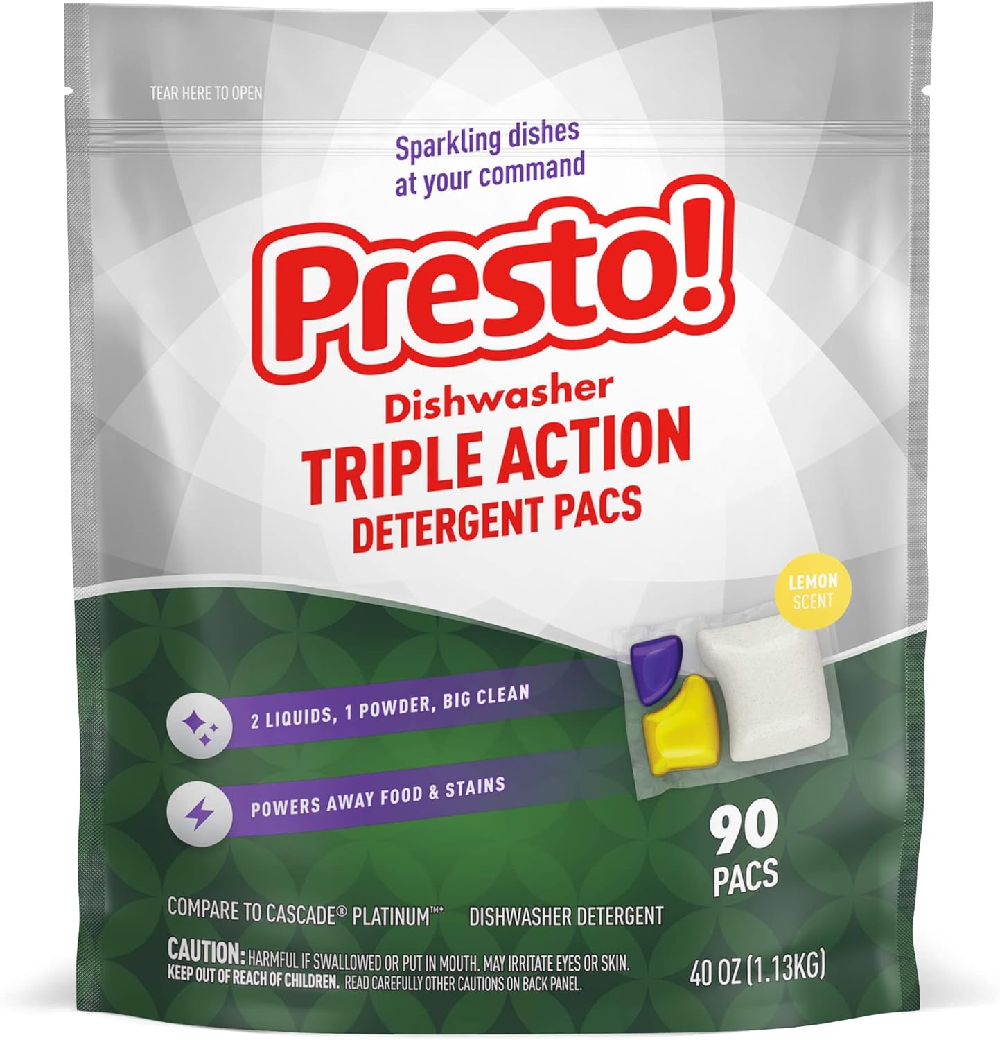 Amazon Brand - Presto! Triple Action Dishwasher Pacs, Lemon Scent, 90 Count