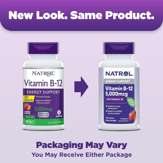 Natrol Vitamin B12 Fast Dissolve Tablets, Promotes Energy, Supports A Healthy Nervous System, Maximum Strength, Strawberry Flavor, 5,000Mcg, 100 Count