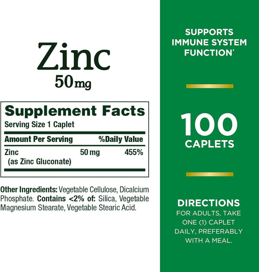 Nature'S Bounty Zinc, Supports Immune System Function, Dietary Supplement, 50 Mg, Caplets, 100 Ct