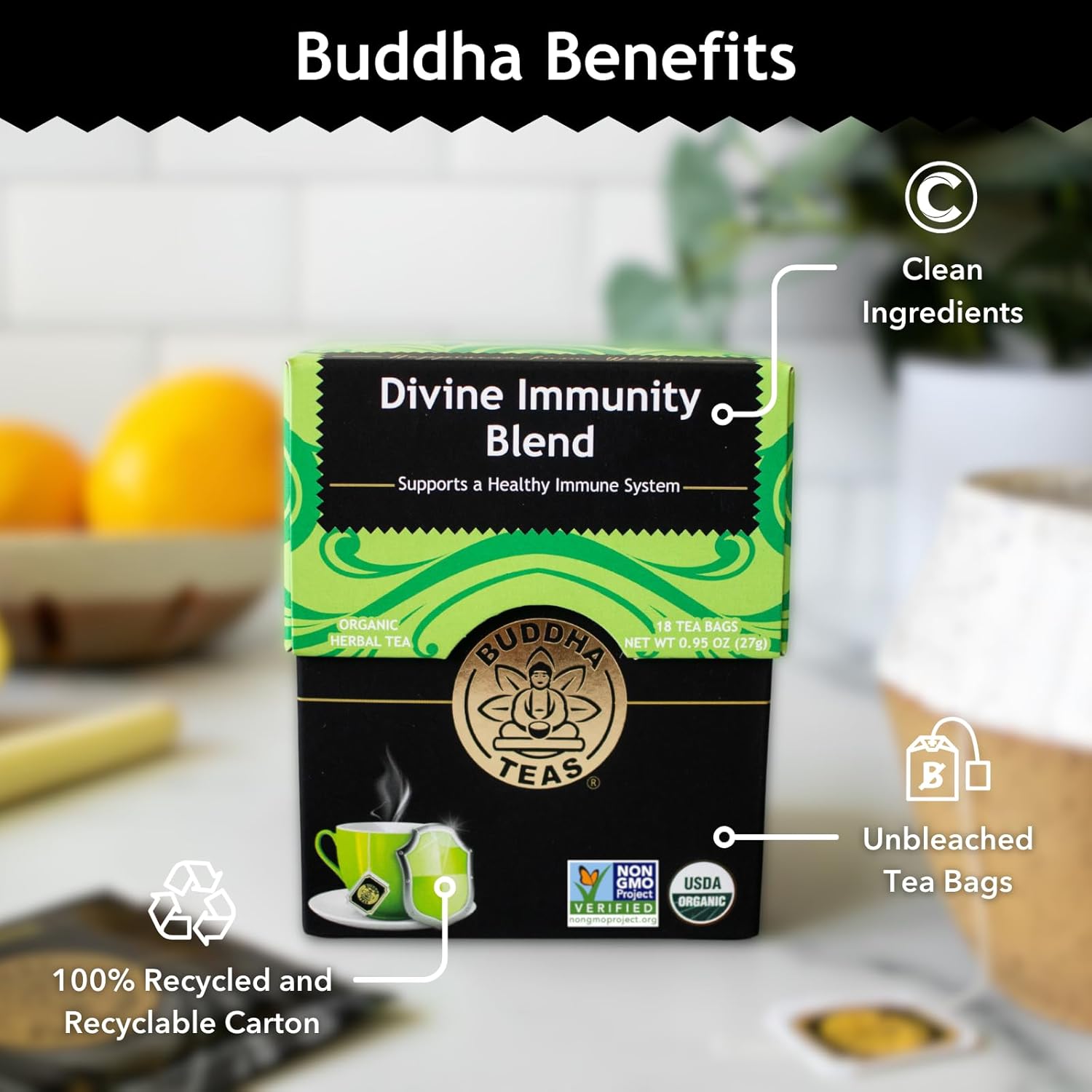 Buddha Teas - Organic Divine Immunity Blend - Herbal Tea - For Health & Wellbeing - With Antioxidants & Minerals - Clean Ingredients - Caffeine Free - Ou Kosher & Non-Gmo - 18 Tea Bags (Pack Of 1)