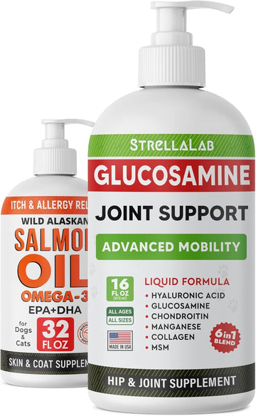 Liquid Glucosamine + Salmon Oil Omega 3 For Dogs Bundle - Joint Pain Relief + Allergy Relief - Chondroitin, Msm, Collagen + Omega 6 9 - Epa&Dha Fatty Acids - Hip&Joint Care - 16Oz + 32Oz - Made In Usa