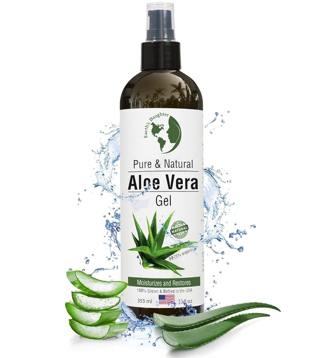 Earth's Daughter Organic Aloe Vera Gel from 100% Pure and Natural Cold Pressed Aloe – Moisturizes - Great for Face - Hair- Sunburn - Aftershave - Bug Bites - 12 oz