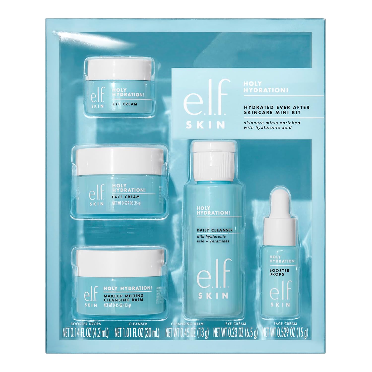 E.L.F. Skin Holy Hydration! Hydrated Ever After Skincare Mini Kit, Cleanser, Makeup Remover, Moisturiser & Eye Cream For Hydrating Skin, Airplane-Friendly Sizes