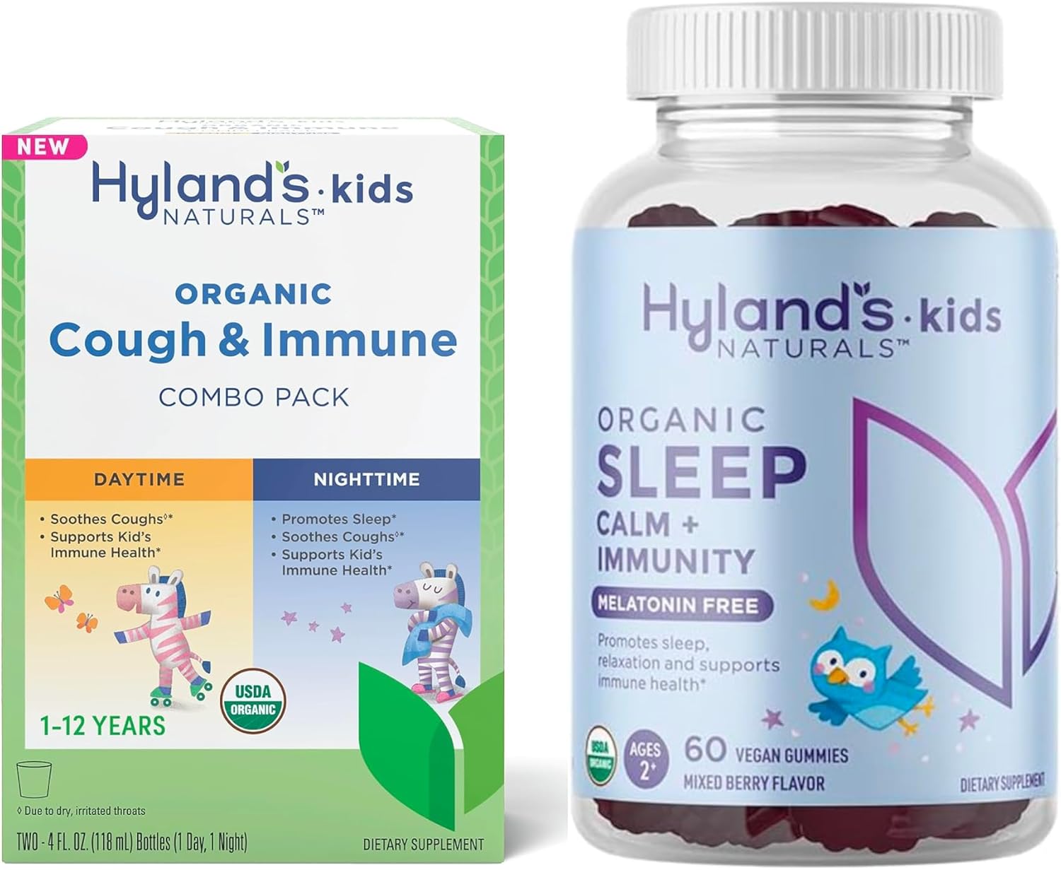 Hyland'S Kids Organic Cough & Immune Day/Night Combo Pack, Ease Coughs, Supports Immunity + Organic Sleep, Calm + Immunity With Chamomile, Elderberry & Passion Flower 60 Vegan Gummies