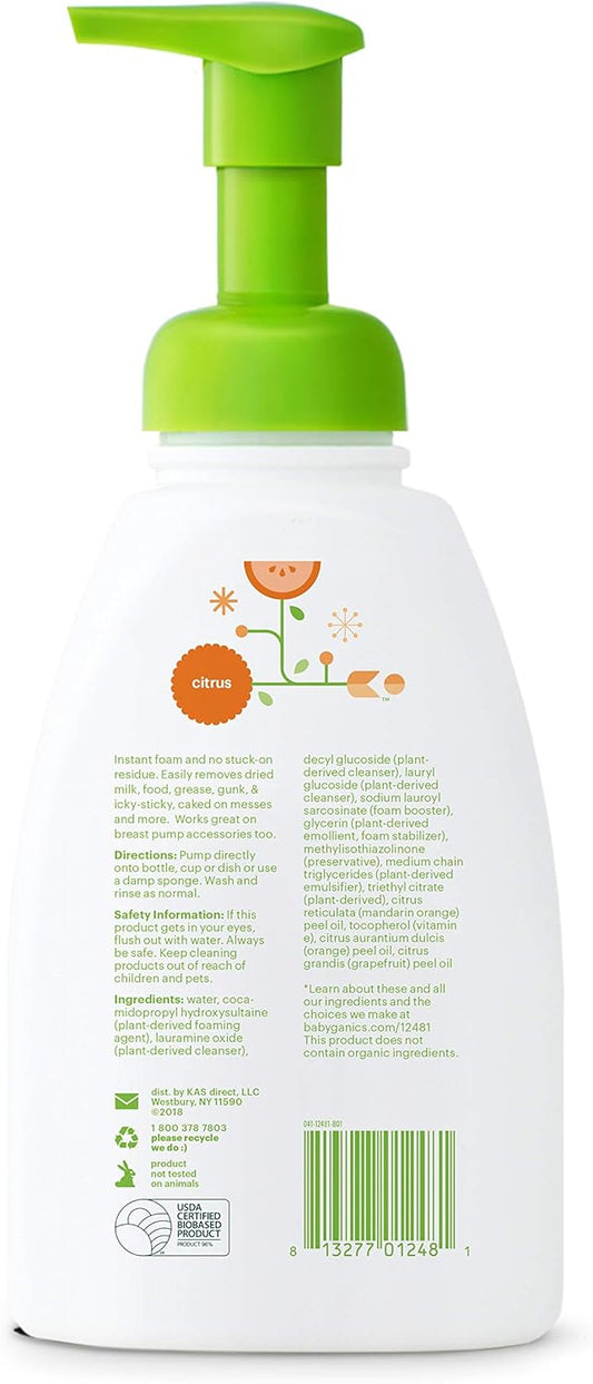 Babyganics Foaming Dish & Bottle Soap, Pump Bottle, Citrus, Plant-Derived Cleaning Power, Removes Dried Milk, 16 Fl Oz (Pack Of 3), Packaging May Vary