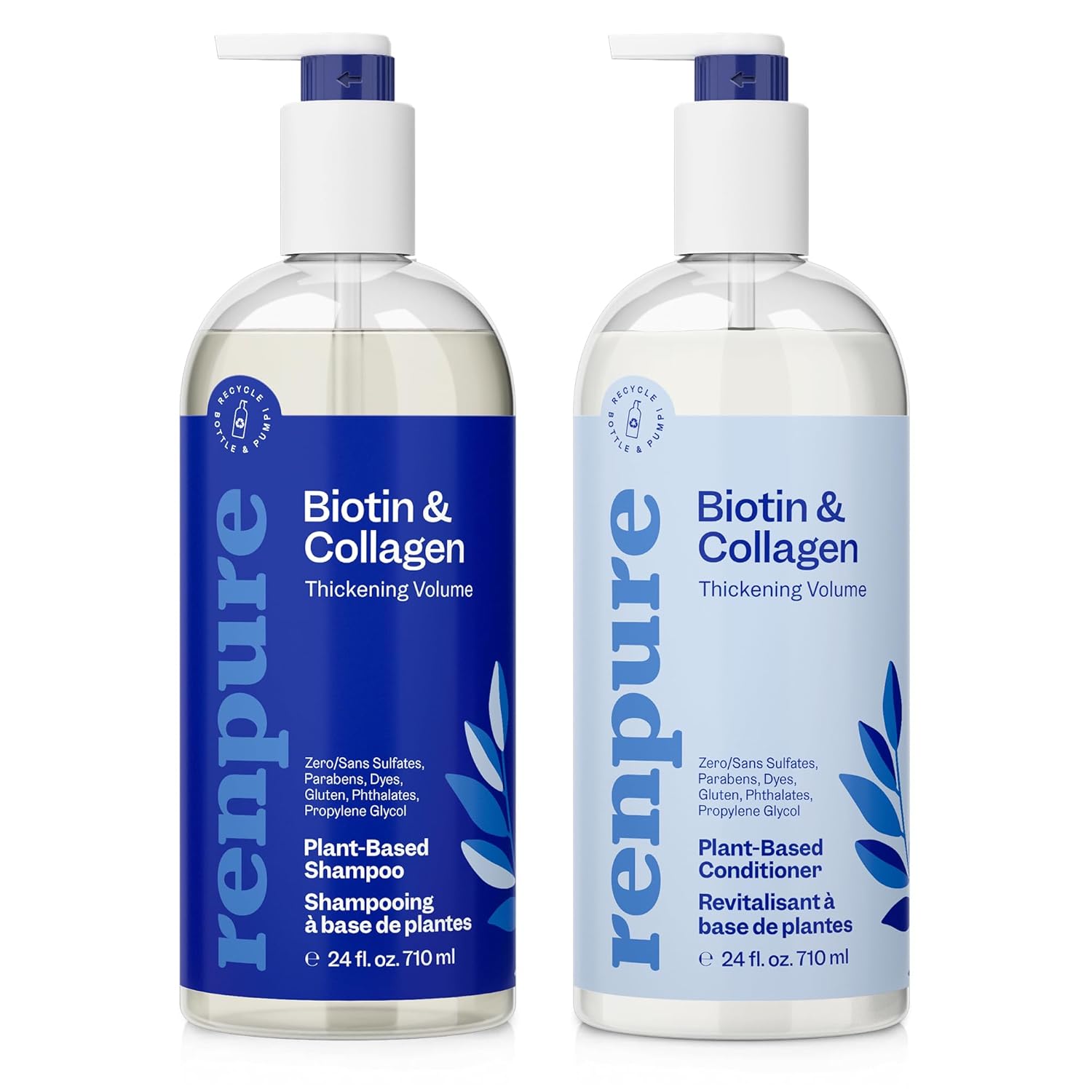 Renpure Biotin & Collagen Shampoo & Conditioner Set, Plant- Based - Nutrient Infused Formulas For Fuller, Thicker Looking Hair - For Fine Hair - Vitamin B7 (Biotin) & Collagen - 24 Fl Oz Each, 2 Pack